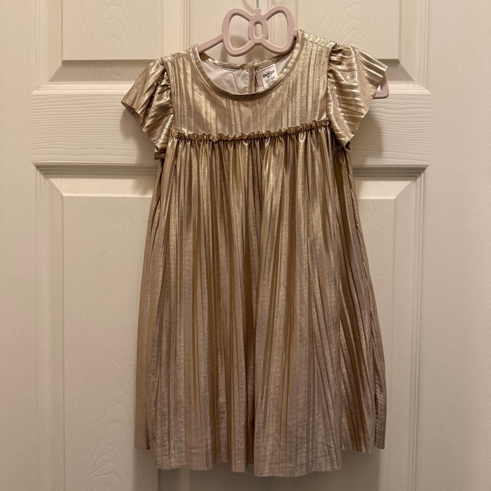 OshKosh B’Gosh Toddler Girl’s Gold Metallic Shimmer Pleated Short Sleeve Dress